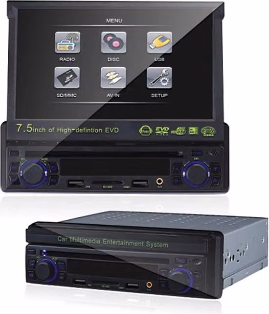 Autoradio DVD Stereo Trade Shop Traesio 1 Din con Display Scomparsa da 7.5 pollici, MP3, Aux, USB, SD, AV, Colore Nero