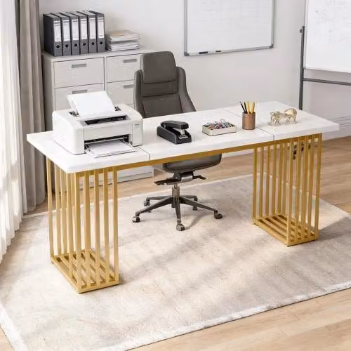 Scrivania da ufficio moderna WISHDOR bianca e oro con gambe in metallo L: 180 cm, P: 79 cm, H: 78 cm – 1