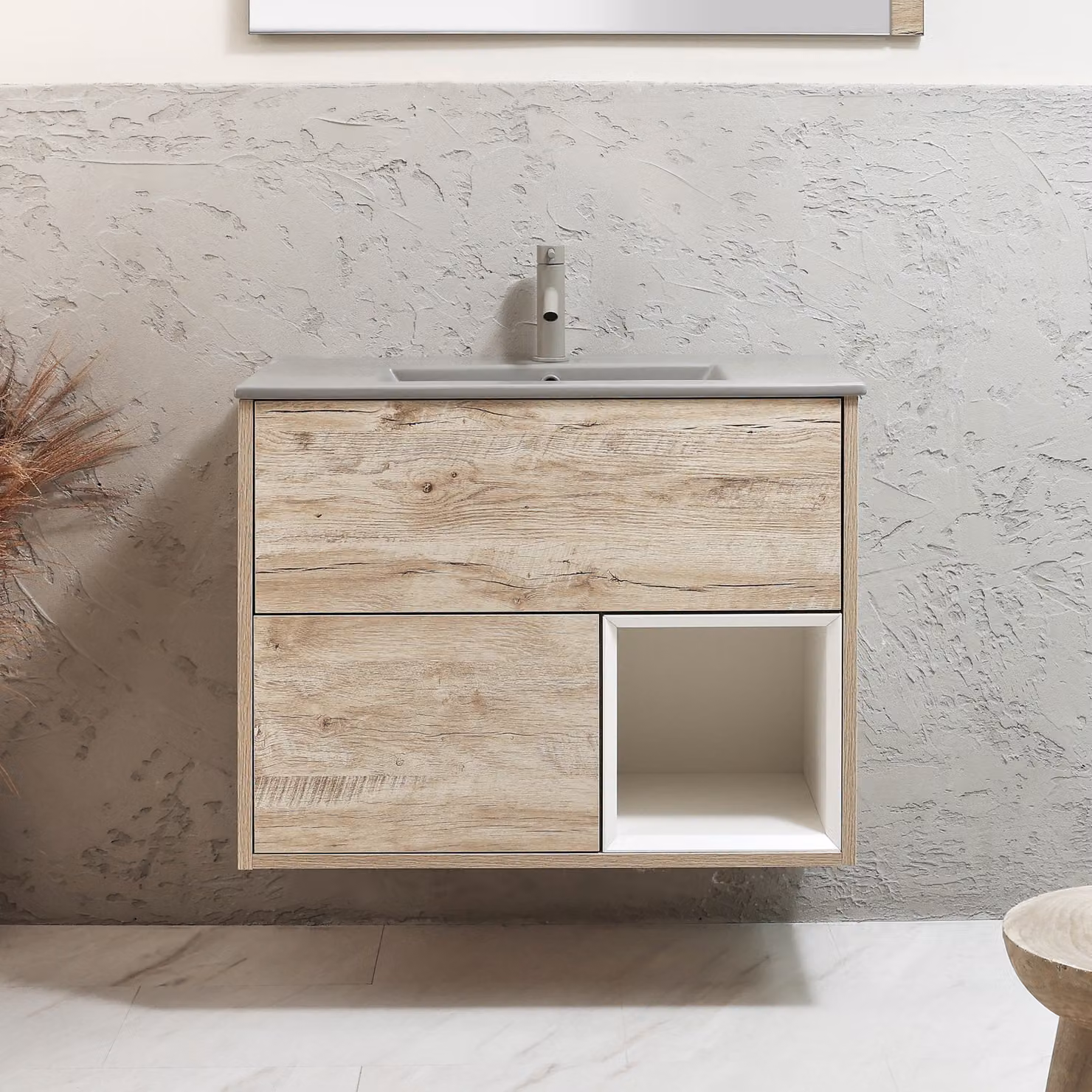 Mobile Bagno Sospeso con Ripiano Aperto in Rovere Chiaro da 812mm con Lavabo Grigio (Pebble) - Hoxton