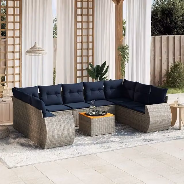 Set Divani da Giardino 10 pz con Cuscini Grigio in Polyrattan 3225151