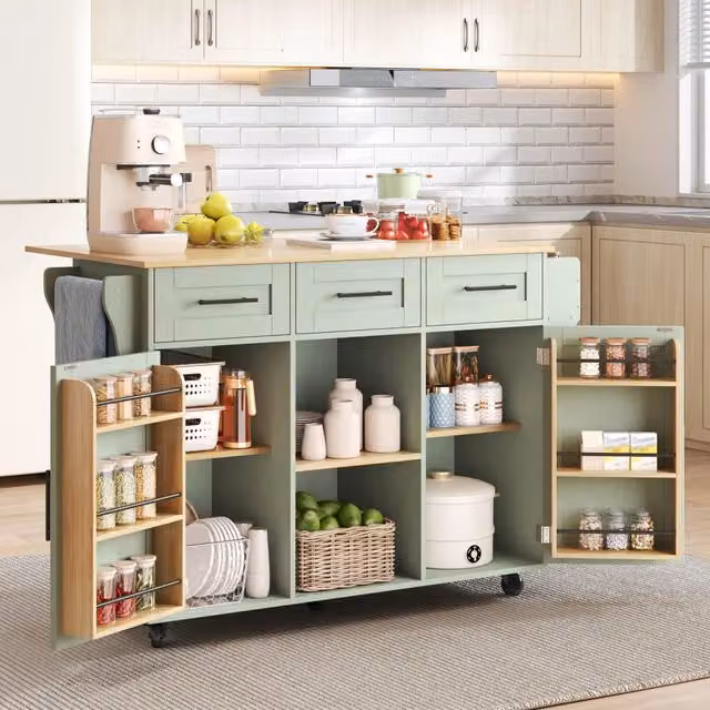 Carrello cucina con piano ribaltabile in MDF; verde antico effetto legno; con ruote e cassetti; 139 x 46/71 x 91;5 cm