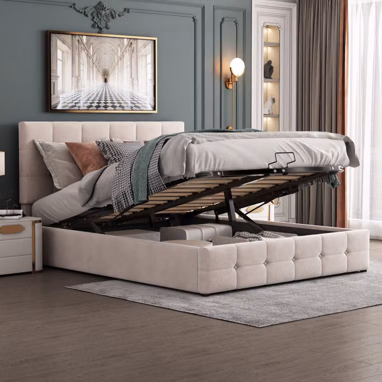Letto imbottito Sweiko Letto contenitore idraulico con testata regolabile in altezza e rete a doghe in metallo, matrimoniale, velluto, bianco panna 140x200 cm (senza materasso)