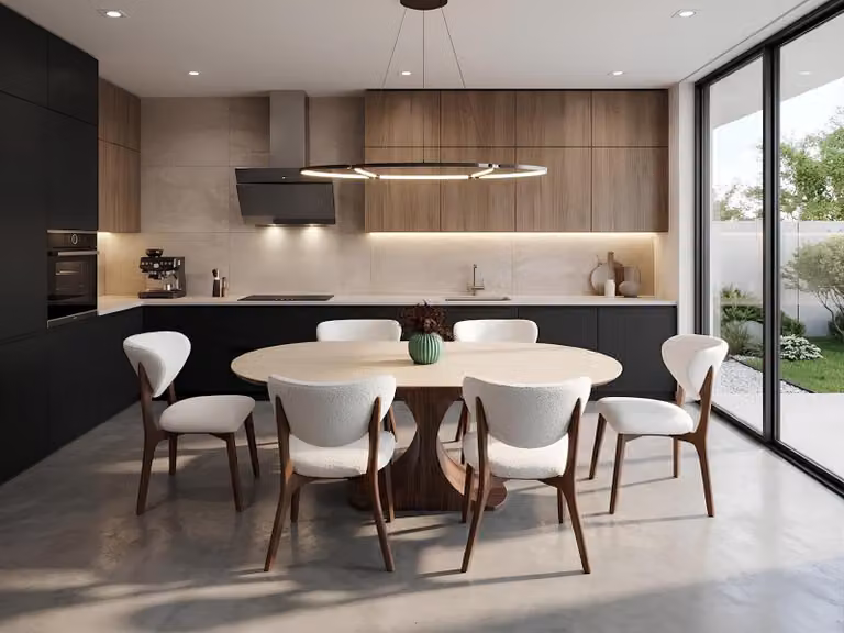 Set per sala da pranzo: tavolo e 6 sedie, design moderno, colori chiari, elegante e di tendenza