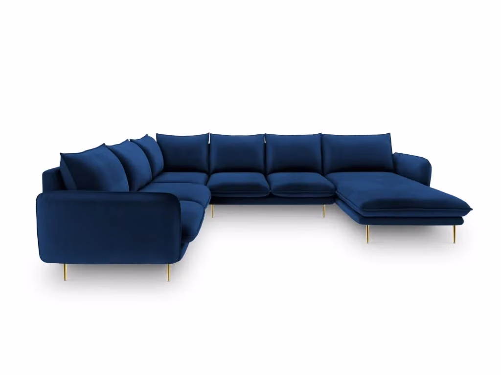Divano panoramico a L Vienna da 7 posti Cosmopolitan Design in velluto blu e oro con struttura in metallo L/P/H: 330 x 158 x 95 cm – 2