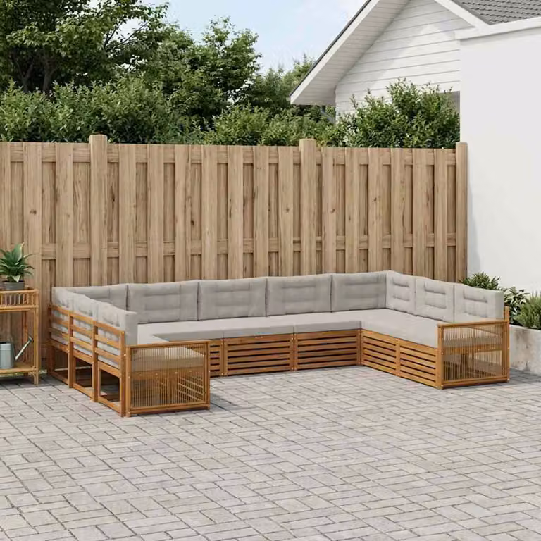 vidaXL Set di divani da esterno a forma di U in legno di acacia con cuscini, 9 pezzi, Beige, Grigio e Marrone