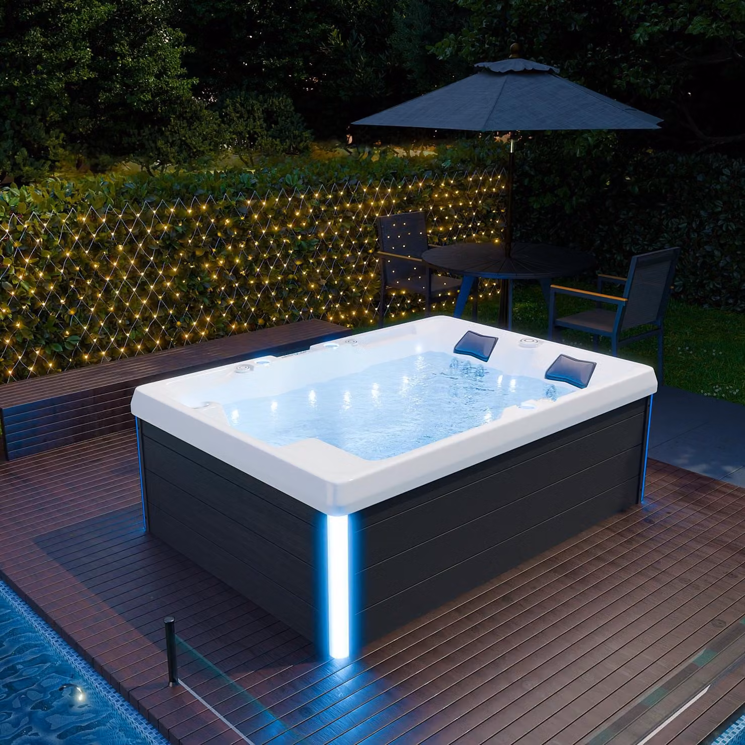 TroniTechnik® ELBA, vasca idromassaggio da giardino 210x150 cm con sistema di illuminazione colorata, acrilico sanitario, riscaldamento e benefico idromassaggio