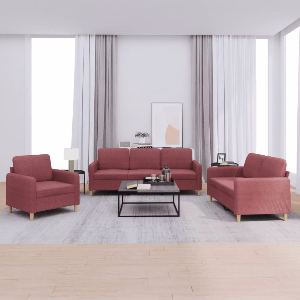 Set di divani da soggiorno vidaXL in tessuto rosso composto da un divano a 3 posti e un divano a 2 posti con cuscini inclusi