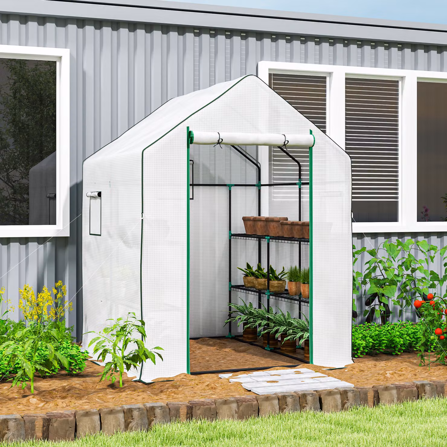 Outsunny Serra da Esterno con 6 Ripiani, Copertura in PE e Telaio in Acciaio, Bianco, L 140 cm x P 143 cm x H 190 cm – 2
