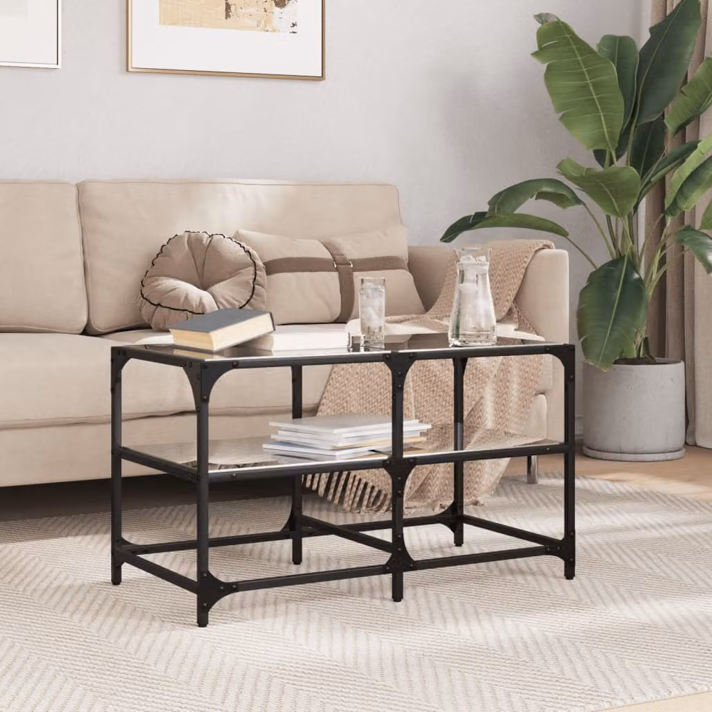 vidaXL Tavolino moderno con piano in vetro nero e struttura in metallo L: 78,5 cm, P: 40 cm, H: 45 cm
