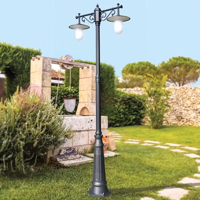 Lampione da esterno Iris Luce Linea Garden KAIROS Grigio con 2 Luci e piattini d.30, Altezza: 260 cm