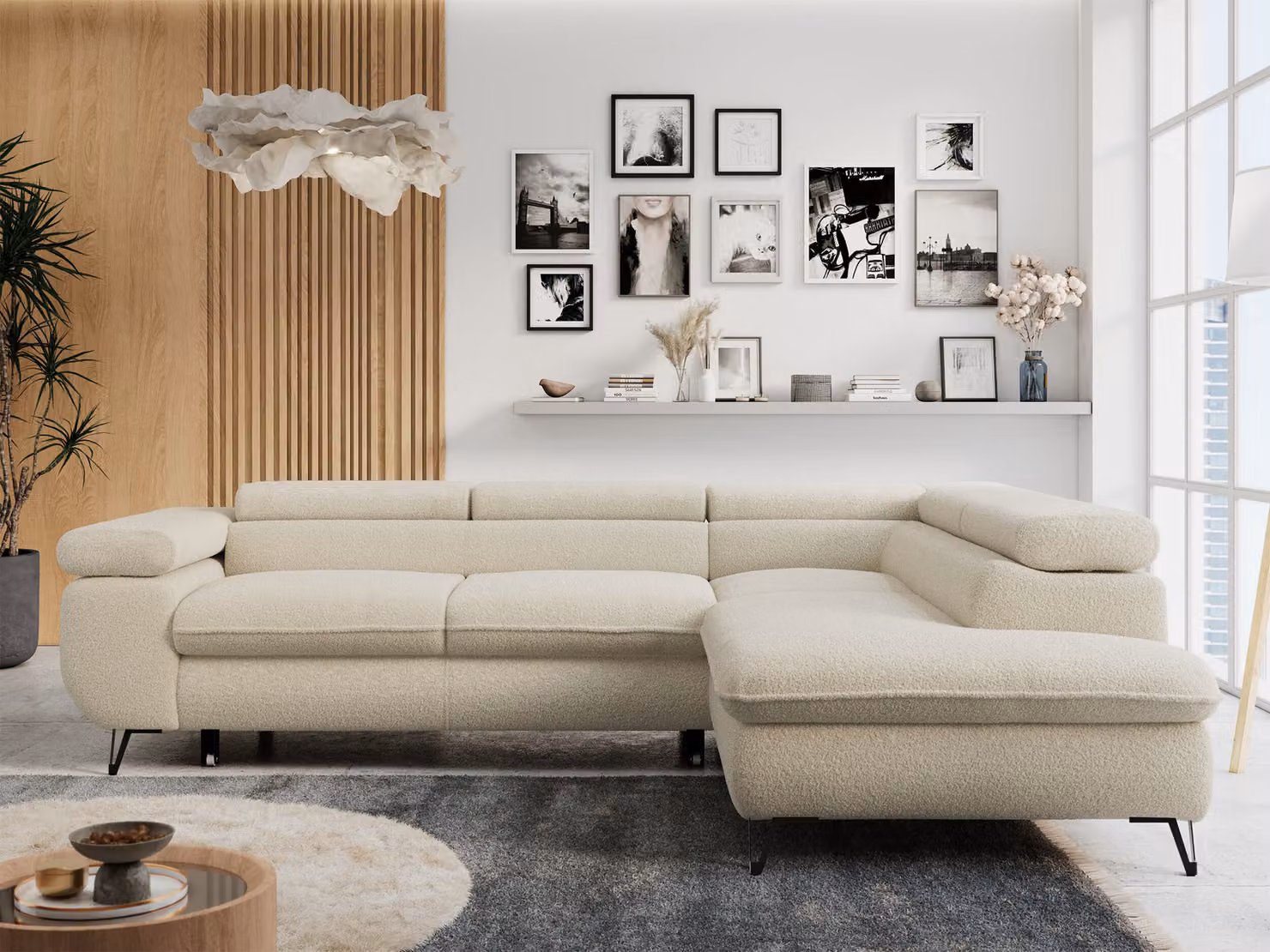 Divano angolare Beige, zona giorno a L con funzione letto e rete, divano letto con rete, divano con poggiatesta regolabili, Peter L - Beige Boucle - Right Beige