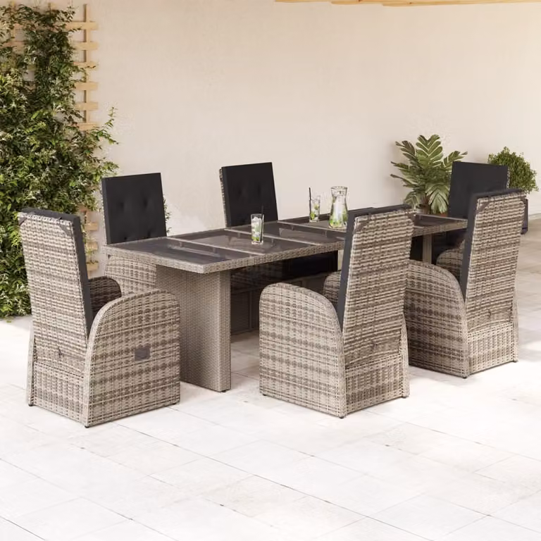 Set da pranzo da giardino vidaXL in polyrattan grigio con cuscini e tavolo in vetro, 7 pezzi