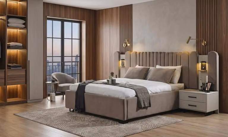 Set per camera da letto: letto, comodini, design moderno, colore beige, elegante, lussuoso, letto imbottito