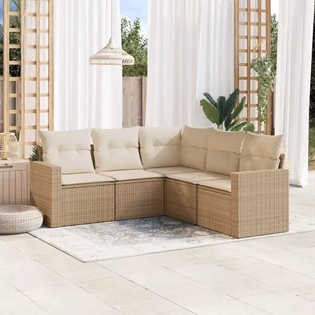 Set Divano da Giardino a L VIDAXL in Polyrattan con Cuscini Beige, 5 Pezzi