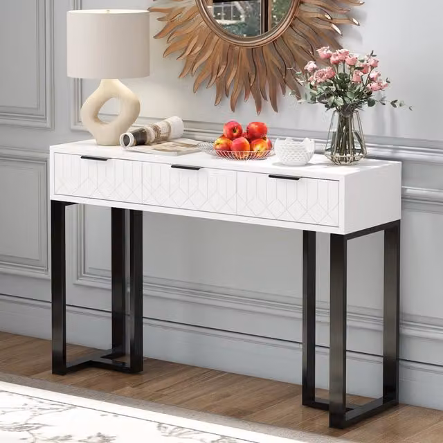 Console moderna Zephmum con cassetti, design geometrico in MDF laccato e metallo, Bianco, Nero e Oro, L: 80 cm, P: 36 cm, H: 50 cm