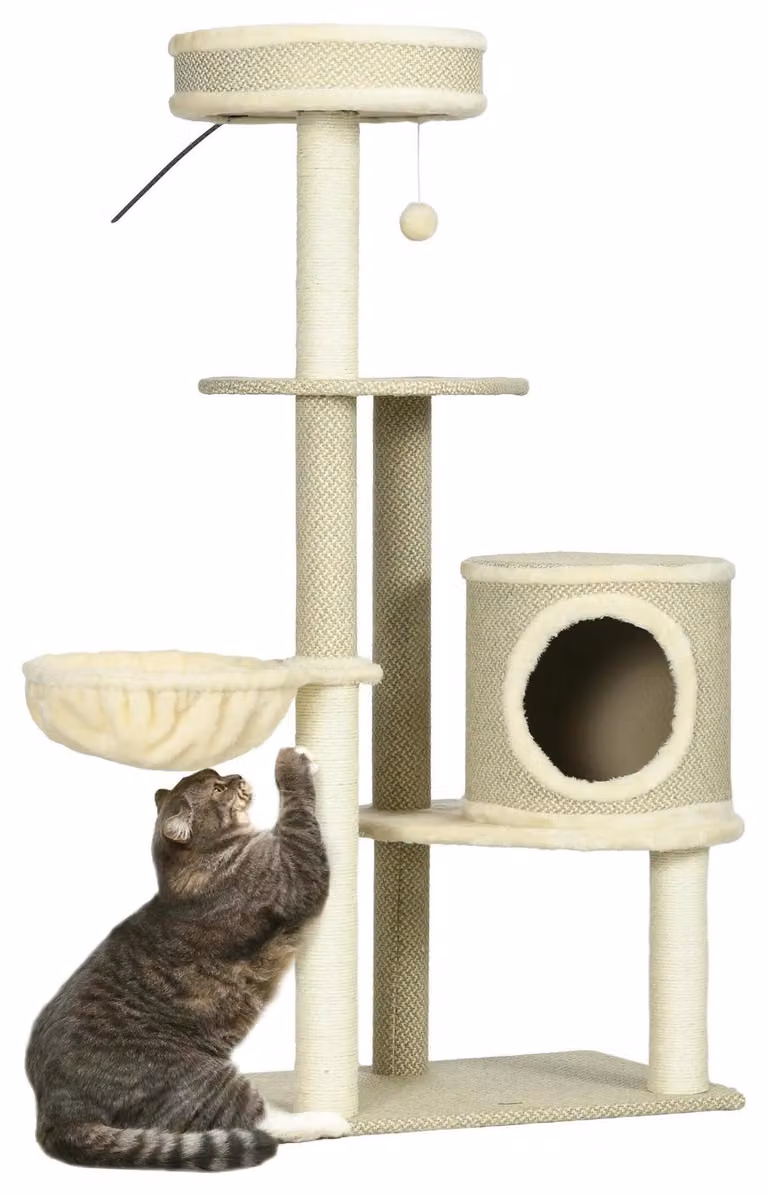 Tiragraffi per gatti - Colonna tiragraffi - Altezza 124 cm - 4 livelli - Tana, cestino, pallina - Sisal