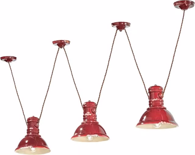 Lampadario a sospensione Industrial Ferroluce in metallo e ceramica rossa con 3 luci E27