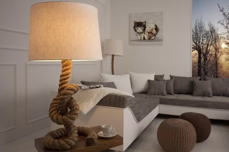 Lampada da tavolo "Casa Padrino" modello "Marine Tauseil" - Lampada rustica a forma di sgabello in corda, colore crema naturale, altezza 85 cm