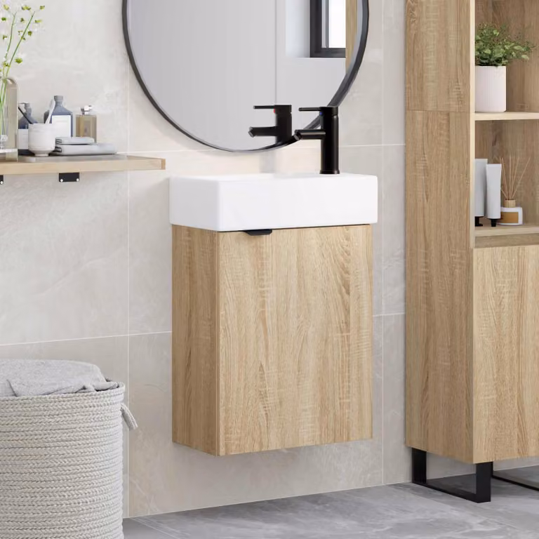 Mobile bagno moderno vidaXL con rubinetto in Rovere Sonoma, L: 45,5 cm, P: 22,5 cm, H: 84 cm