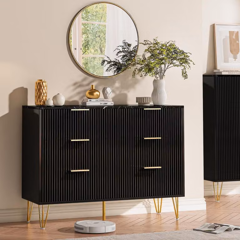Comodino con 6 cassetti, finitura effetto marmo nero, legno intagliato, maniglie dorate