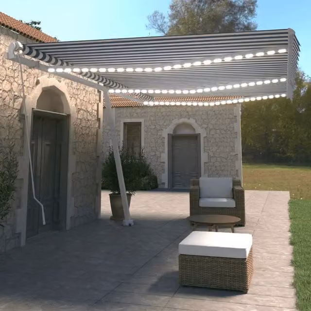 Tenda da Sole Retrattile Manuale con LED 600x350 cm Blu Bianco 3069681