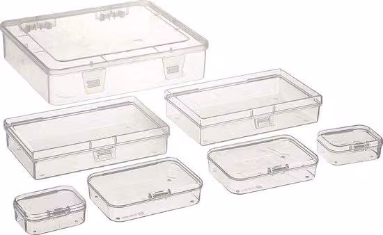 7 mini contenitori trasparenti in plastica con sportellino per piccoli oggetti