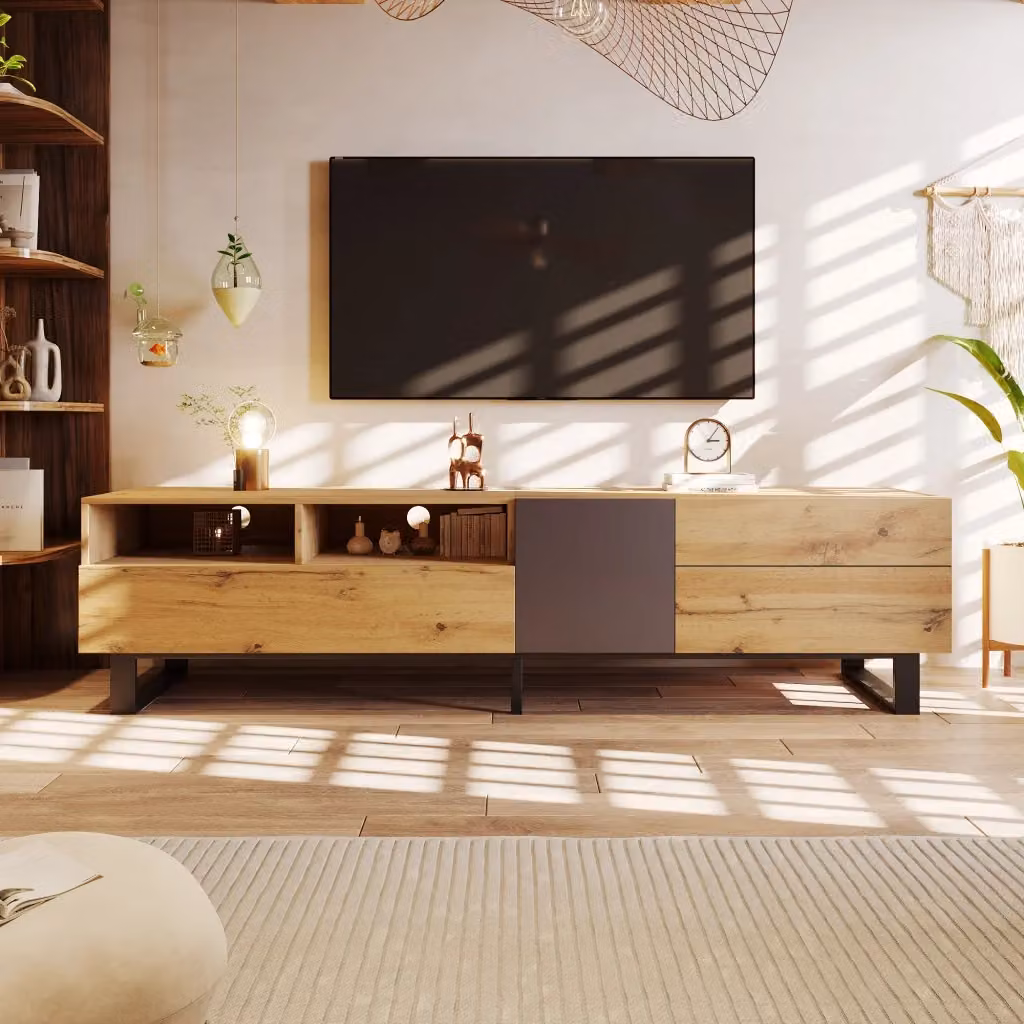 Mobile TV Chicfurn moderno in MDF con 2 ante, 2 cassetti e 2 vani con apertura push-open, L 180 cm x P 38 cm x H 50 cm, Nero – 2