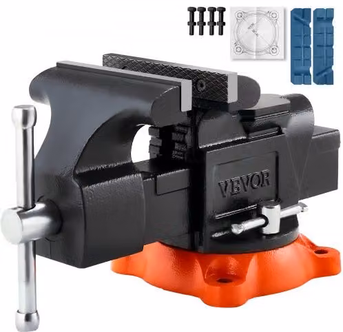 Morsa da banco VEVOR in ferro nodulare nera con base girevole a 360 gradi e ganasce a 2 vie per serraggio tubi, apertura massima 127 mm