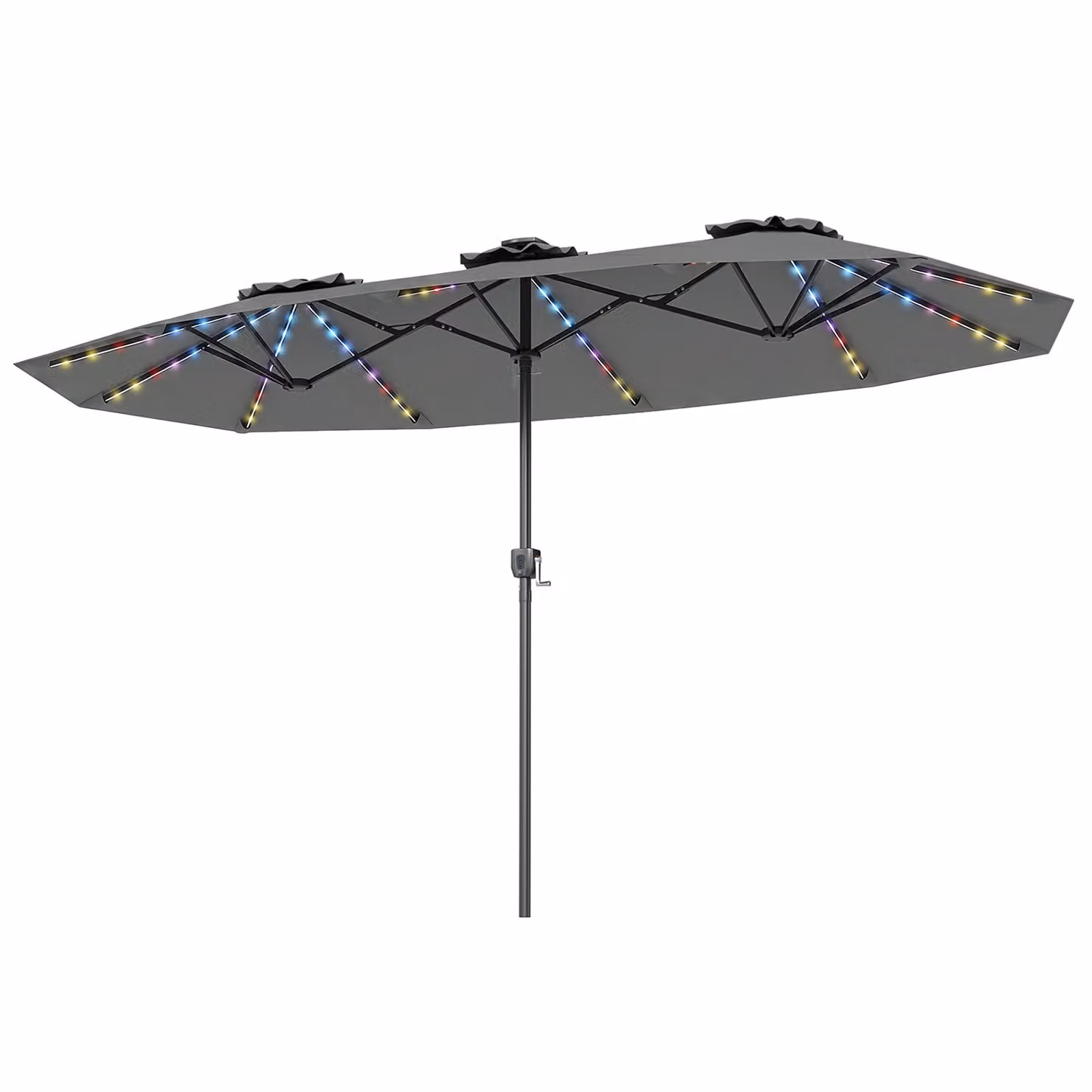 Ombrellone doppio da giardino Costway con luci regolabili e manovella, protezione solare resistente, Grigio