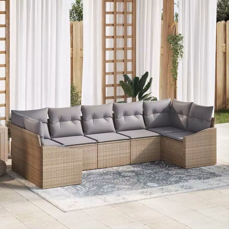 Set di divani da giardino vidaXL 7 pezzi con tavolino in vetro e cuscini beige in rattan e acciaio