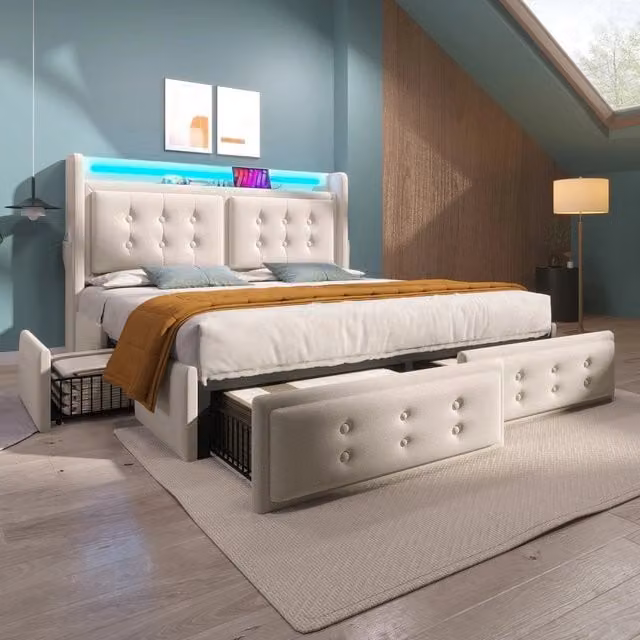 Letto Imbottito Contenitore 180x200 con Testiera LED e USB, 4 Cassetti, Doghe in Legno ¨C MINIMAL ¨C Beige