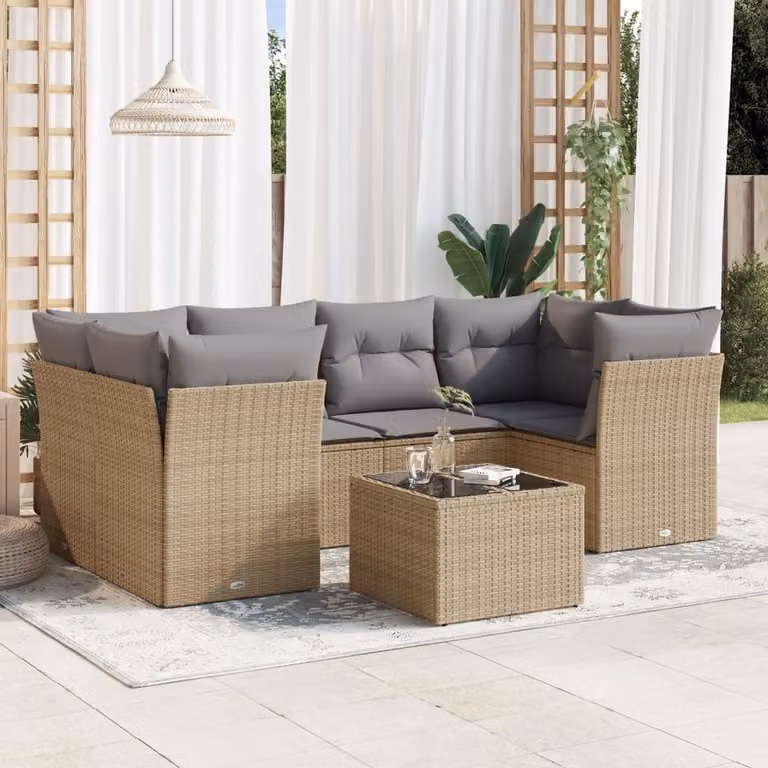Set di divani da giardino vidaXL 7 pezzi con cuscini beige e tavolino da esterno in rattan e metallo