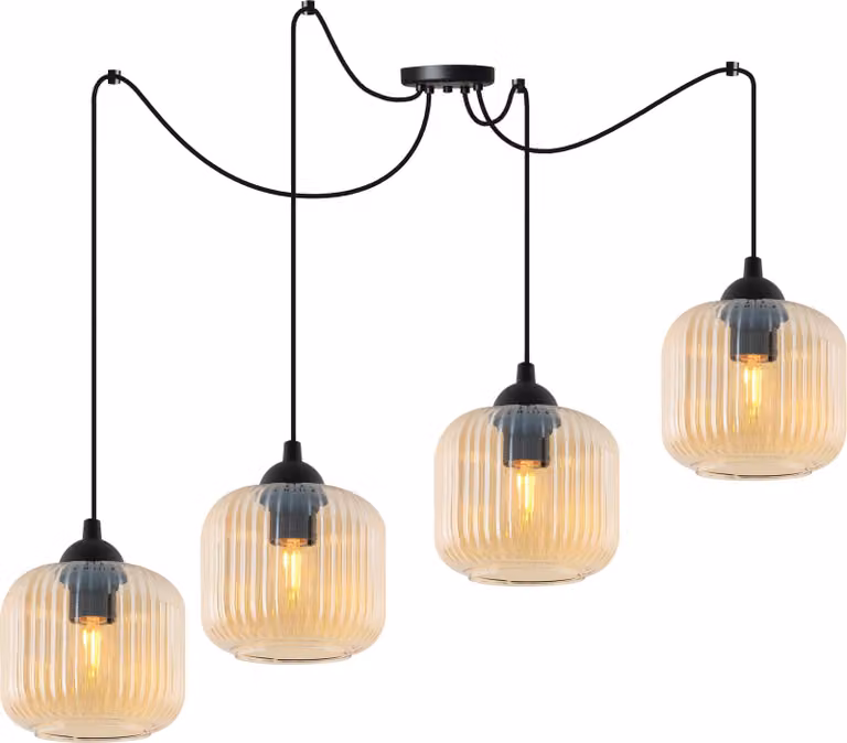 Lampada a sospensione RIFFLE spider nero 4 luci cilindro di vetro ambra E27