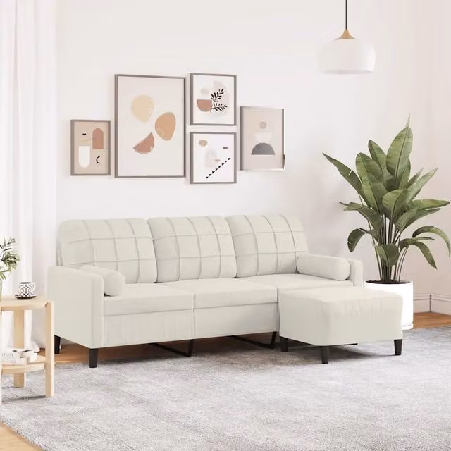 Divano a 3 posti con poggiapiedi vidaXL in velluto beige con struttura in metallo e imbottitura in schiuma L: 197 cm, P: 80 cm, H: 77 cm
