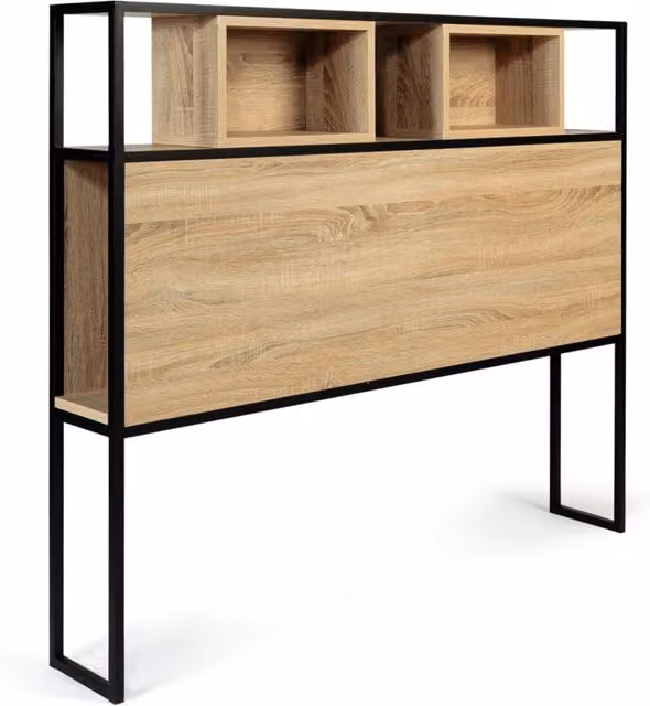 Testiera per letto IDMarket DETROIT design industriale in legno e metallo nero e marrone con mensola integrata, larghezza: 145 cm