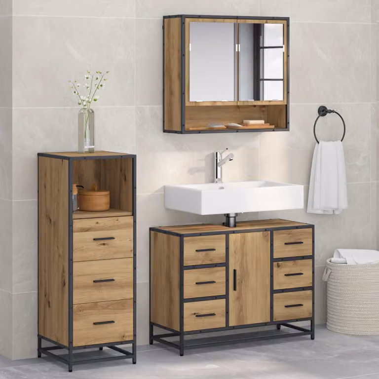 Set di mobili per il bagno vidaXL 3 pezzi in stile minimalista marrone con armadietto specchio, mobile lavabo e colonna alta in legno e metallo