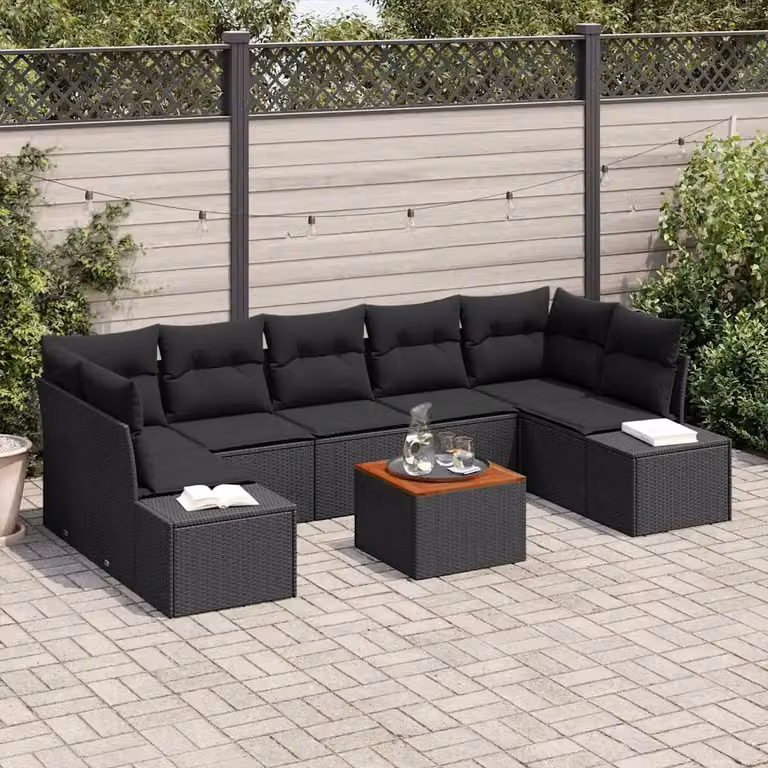 Set Divano da Giardino vidaXL 8 Pezzi in Polyrattan Nero con Cuscini e Tavolino
