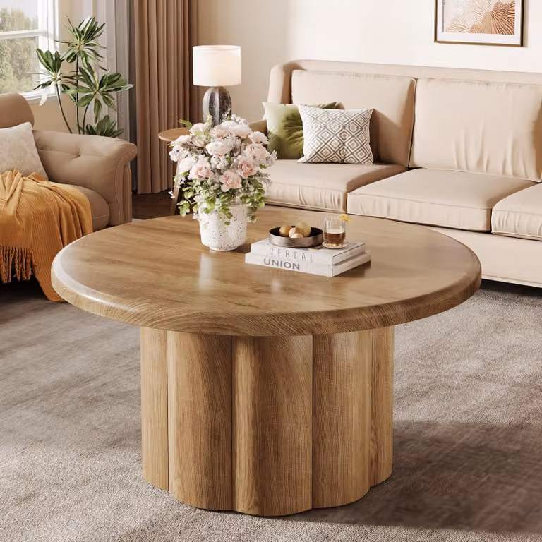 Tavolino rotondo Tribesigns 80 cm, tavolino rotondo in stile rustico, con base a tamburo scanalato, in legno per appartamenti, stanze piccole, marrone