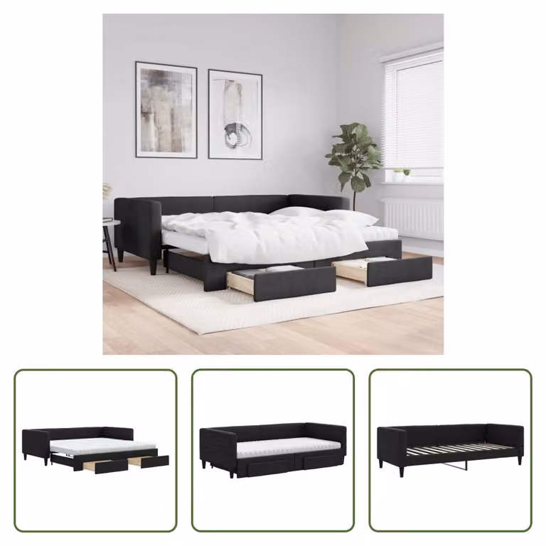The Living Store Letto da giorno allungabile con cassetti nero 100x200 cm in tessuto