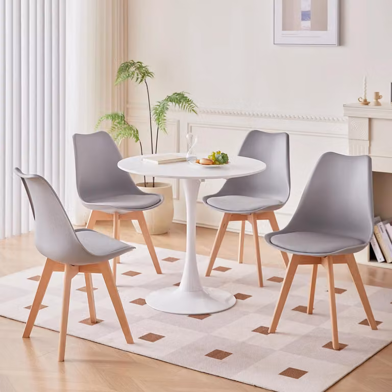 Gruppo tavolo da pranzo - Tavolo rotondo con 4 sedie - 80 cm di diametro - Realizzato in legno di faggio massello - Sedute imbottite in poliuretano - Stile moderno e minimalista - Colore grigio