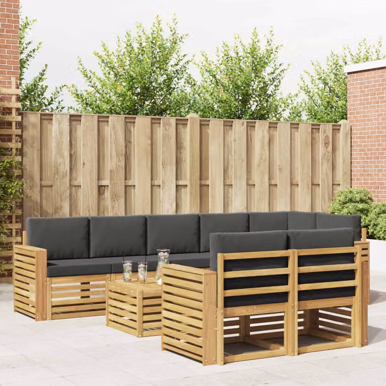 vidaXL Set di divani da esterno moderno a L composto da 9 pezzi con cuscini, in legno di acacia e tessuto bianco, antracite e marrone