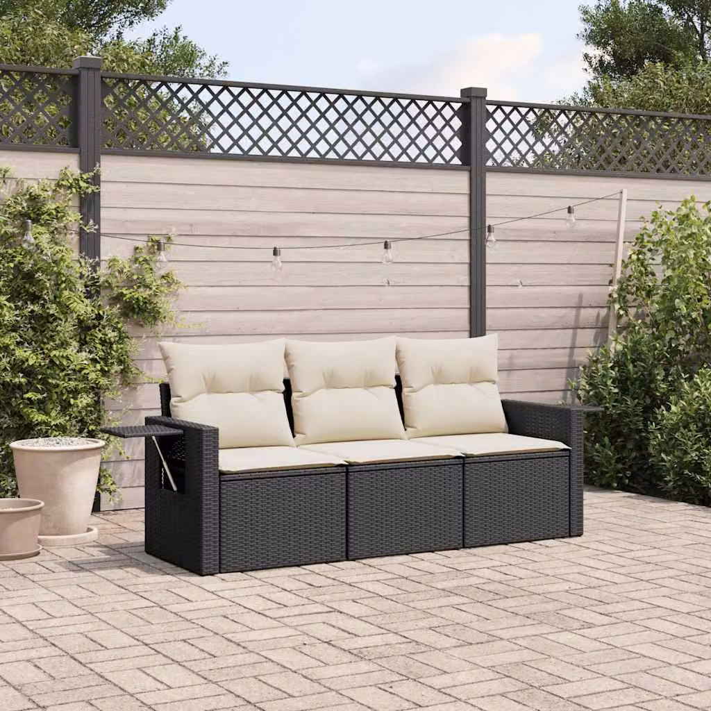 Set da giardino vidaXL composto da divano a 3 posti, poltrona lounge e tavolino con cuscini in polyrattan nero e struttura in metallo – 1
