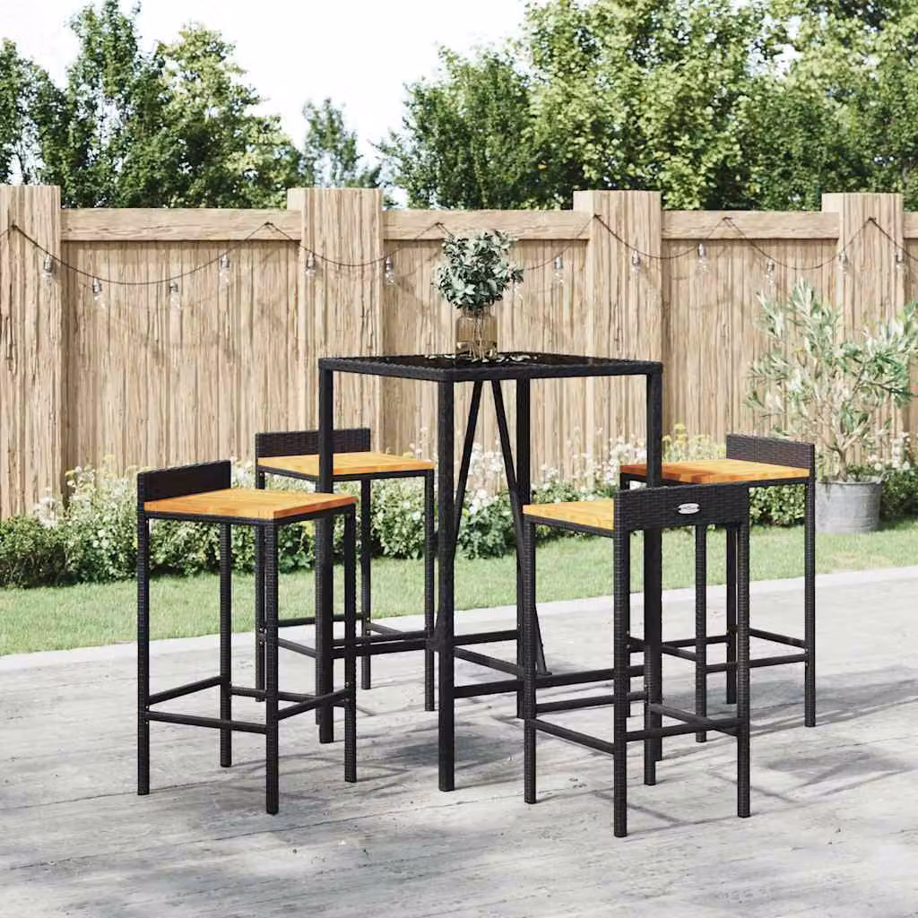 Set Bar Giardino vidaXL 5 pz Nero in Polyrattan e Legno di Acacia con Piano in Vetro