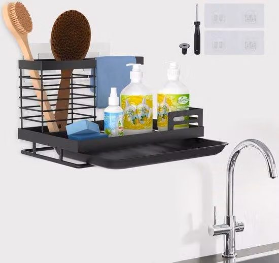 Organizer per lavastoviglie, organizer per lo scarico, acciaio inossidabile, organizer per lo scarico, nero, organizer per lo scarico, supporto sospeso per doccia, lavastoviglie con vaschetta di raccolta e 2 superfici adesive, per cucina e bagno