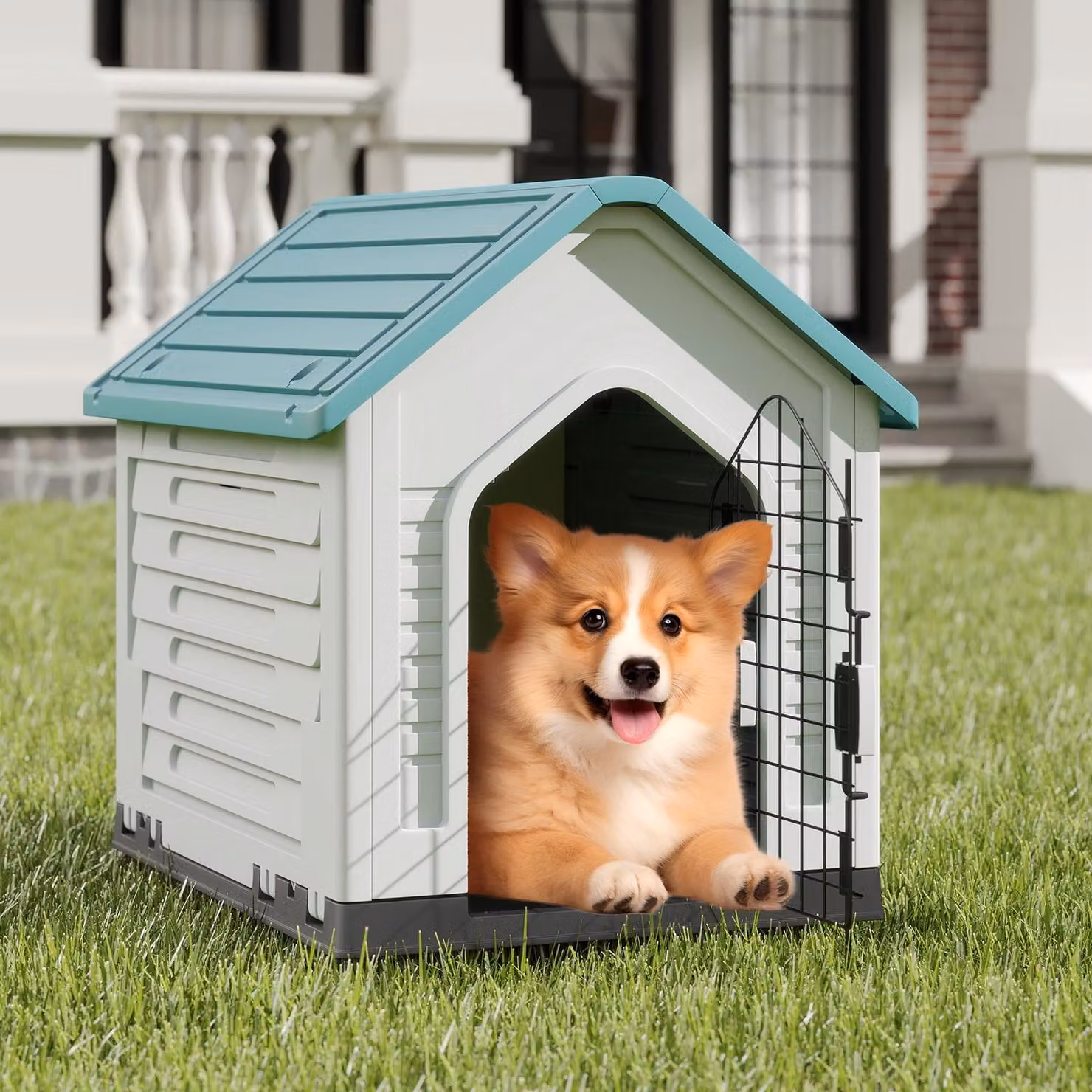 Cuccia per cani da esterno COSTWAY, casetta per cani resistente alle intemperie con porta in metallo chiudibile a chiave, fessure di ventilazione, tetto spiovente, gabbia da interno per cani blu