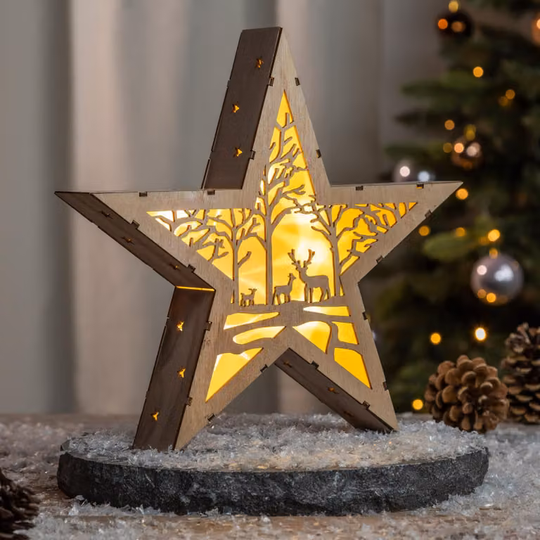 Stella di legno a LED, 30 cm, motivo boschivo, luce bianco caldo, decorazione da tavolo