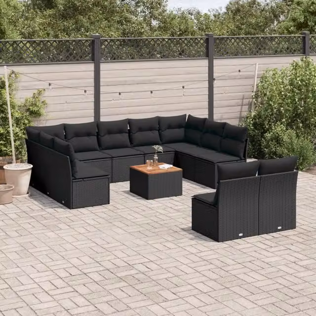 Set di divani da giardino a L VIDAXL in polyrattan nero con 12 pezzi e cuscini inclusi