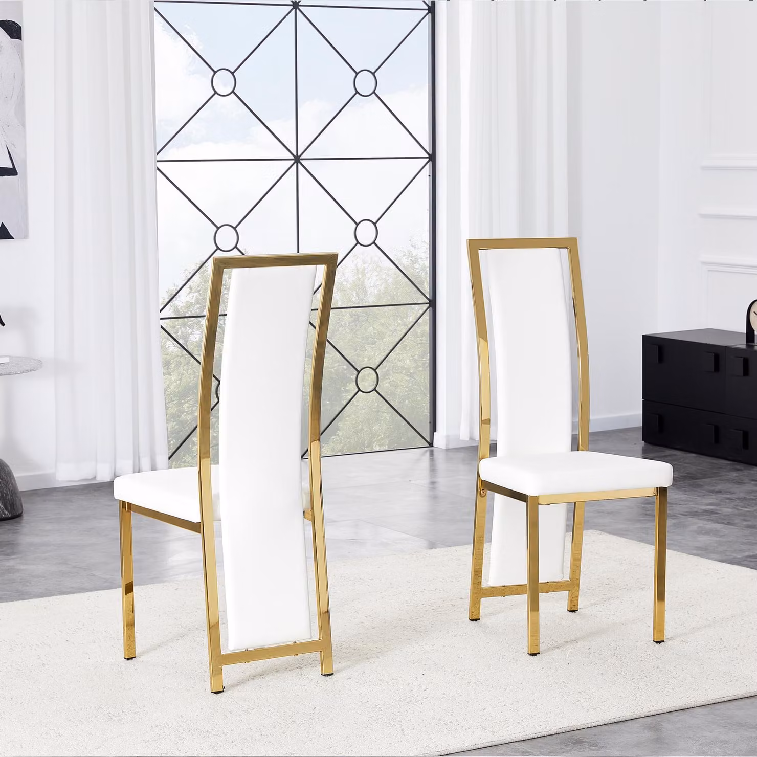Set di 2 sedie da pranzo, con bordo decorativo, rivestite in PU, struttura in metallo (bianco e oro)
