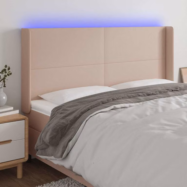 Testiera per letto vidaXL in similpelle color cappuccino con illuminazione LED e porta di ricarica USB, L: 183 cm, P: 16 cm, H: 118/128 cm