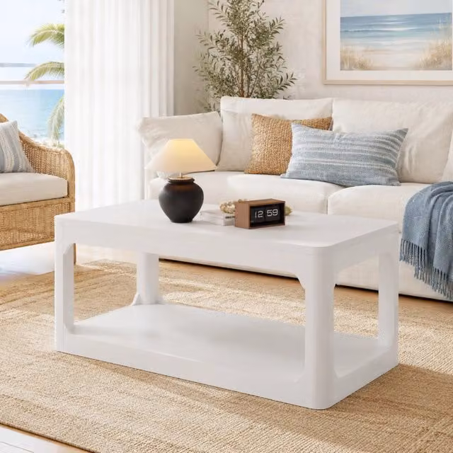 Tavolino da caffè bianco 100x50x44,5 cm con doppio ripiano e piano spesso 3 cm, design moderno per soggiorno e camera da letto
